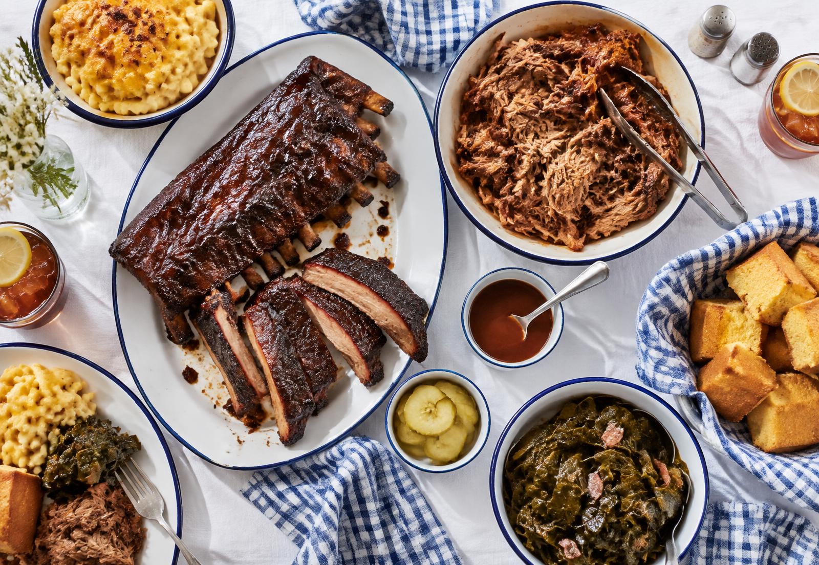 Illustrative Southern table spread with smoked ribs, pulled pork, mac and cheese, collard greens and cornbread